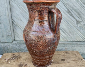 Antique ceramic vase Rustic handpainted clay jug Farmhouse decor Country ceramics Eclectic or bohemian table centerpiece