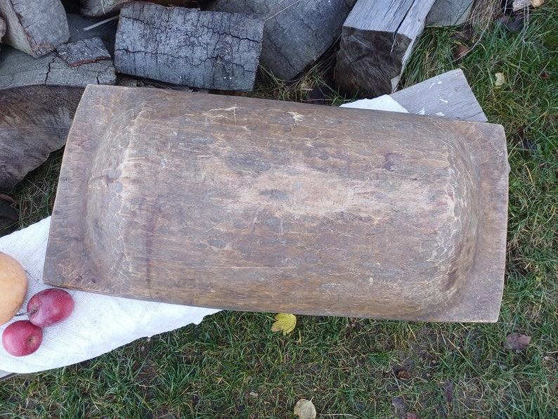 Antique wooden bowl Primitive dough bowl Country wooden trencher Rustic home decor Large bowl Table centerpiece Farmhouse cottage Cabin image 7