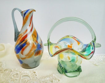 Murano glass basket vase Hand blown glass candy bowl and jug Vintage Glassware kitchen decor Price per one