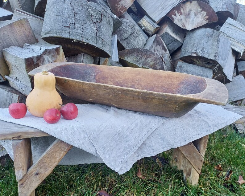 Antique wooden bowl Primitive dough bowl Country wooden trencher Rustic home decor Large bowl Table centerpiece Farmhouse cottage Cabin image 3