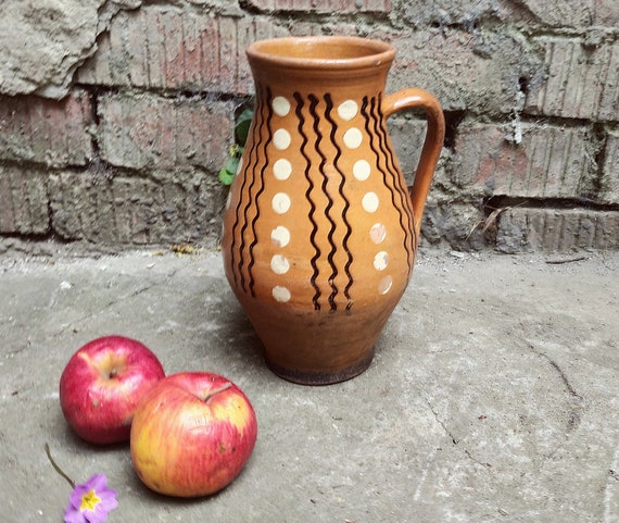 Old pottery pitcher Country clay jug Ceramic rustic crock Heat resistant earthenware Hand painted primitive rustic decor Country kitchen