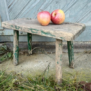 Antique wooden stool Vintage bench Small seat of hand carved wood  farmhouse cottage Rustic home decor Primitive antiques country furniture