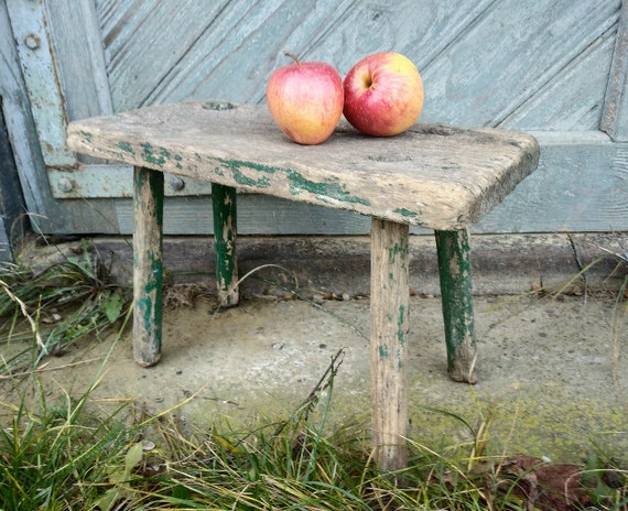 Antique wooden stool Vintage bench Small seat of hand carved wood  farmhouse cottage Rustic home decor Primitive antiques country furniture