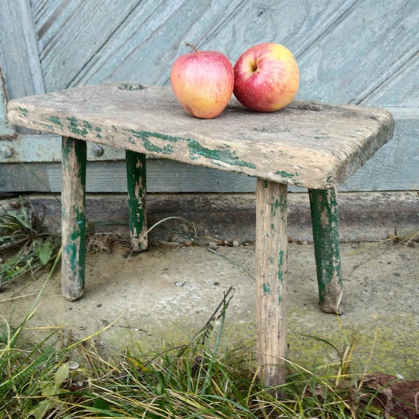 Antique wooden stool Vintage bench Small seat of hand carved wood  farmhouse cottage Rustic home decor Primitive antiques country furniture