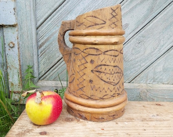 Wooden mug Large antique tankard Primitive wood cup Farmhouse stein Rustic home decor Country kitchen flower vase Old table centerpiece