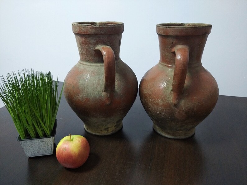 May include: Two terracotta pottery jugs with handles, one on the left and one on the right, on a dark wood surface. A small potted plant and a red apple are in the foreground.