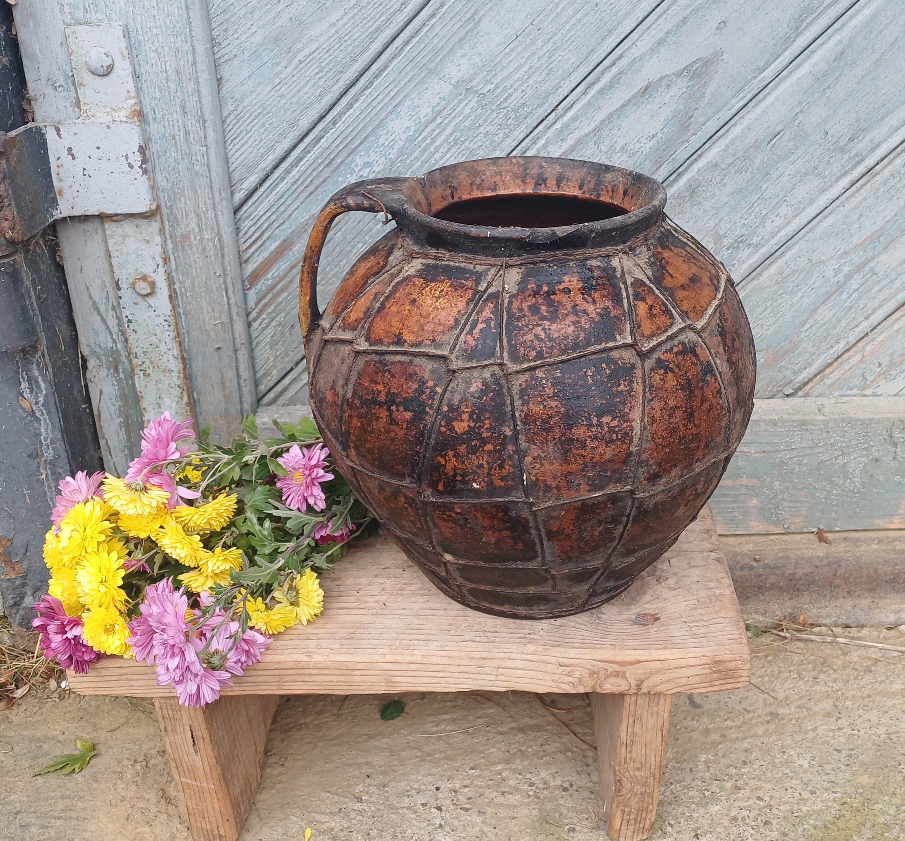 Primitive Antique Clay Pitcher Farmhouse Stoneware Vase Jug