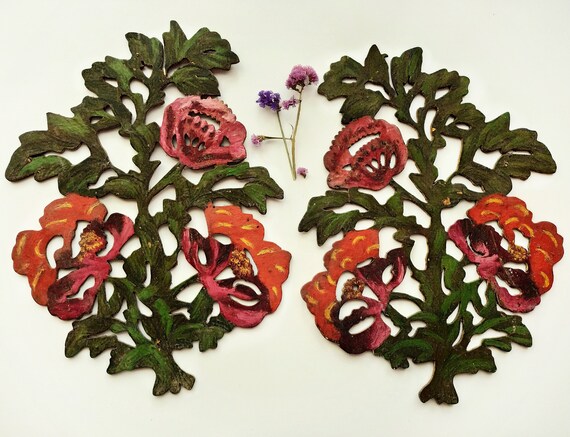 Antique wall decor Hand painted wooden wall art  Wall mounted plaques Hand carved wood Primitive wall decor Flowers Boho Gypsy Price per ONE