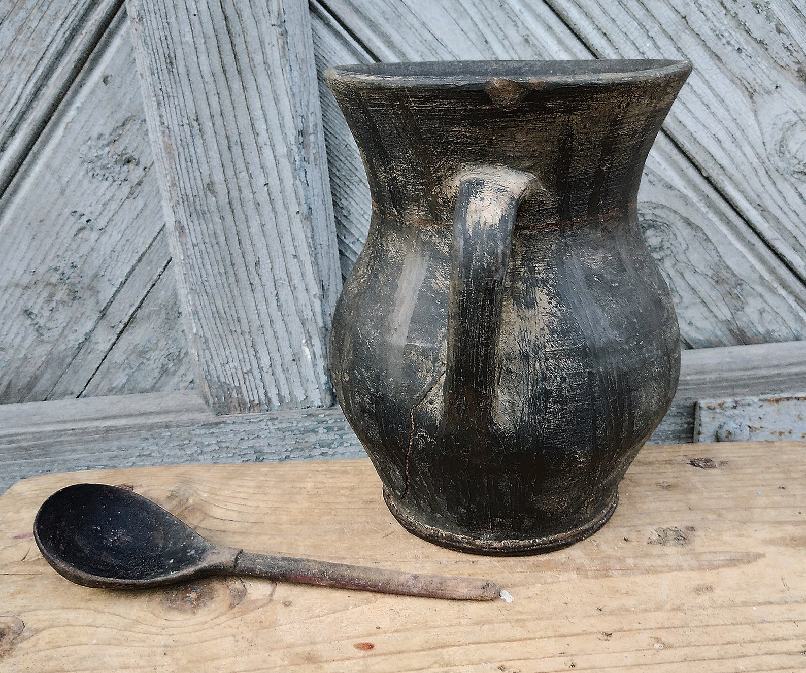 Primitive Antique Clay Pitcher Black Ceramic Crock Rustic Etsy