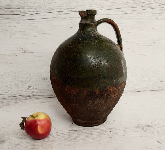 Old pottery pitcher Antique clay jug Amphora pot Traditional rustic crock Vintage ceramic vessel Primitive kitchen decor Farmhouse antiques