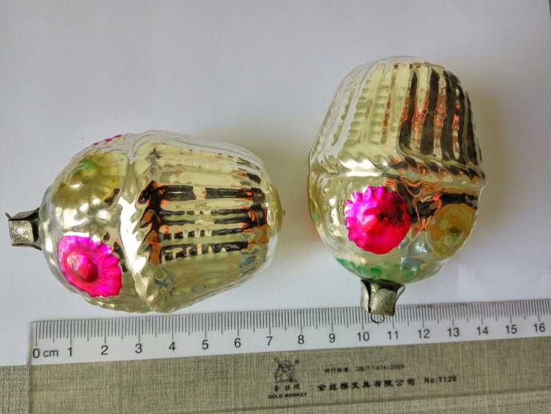 Antique Christmas ornaments set Two glass flowers baskets Christmas tree decorations Shabby Xmas baubles decor Gifts for kids