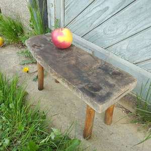 Antique wood stool Vintage bench Small wooden seat Rustic home decor Farmhouse cottage stand Primitive country furniture Front porch decor
