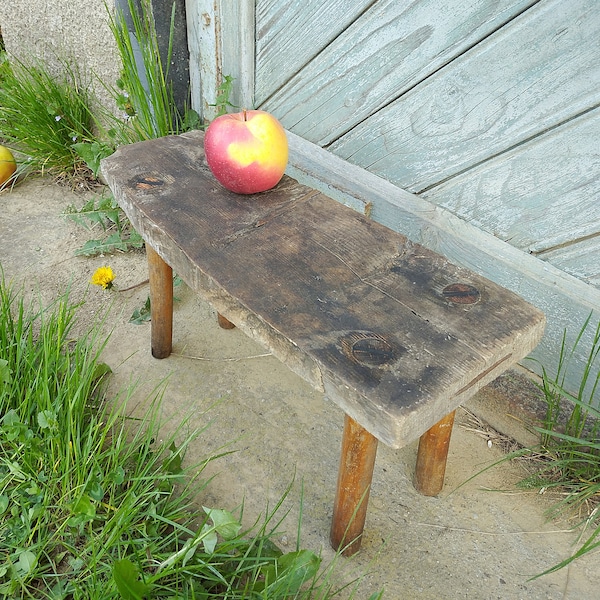 Antique wood stool Vintage bench Small wooden seat Rustic home decor Farmhouse cottage stand Primitive country furniture Front porch decor