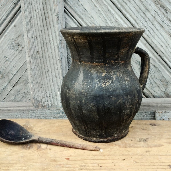Primitive antique clay pitcher Black ceramic crock Rustic pottery vase Ancient stoneware Black farmhouse kitchen decor Rustic ceramic jug