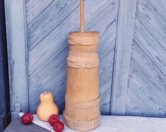 Mantequera antigua primitiva Decoración campestre única Mantequera grande Cuenco de madera antiguo Jarrón de granja Decoración rústica para el hogar Recipiente de madera Juego completo