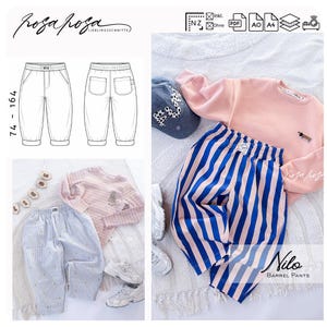 Op de afbeelding: Een naaipatroon voor Nilo barrel pants met een technische lijntekening van voor- en achteraanzichten in de maten 74-164. De afbeelding toont een lichtroze shirt met lange mouwen, een blauw-roze gestreepte broek en een lichtblauwe broek.
