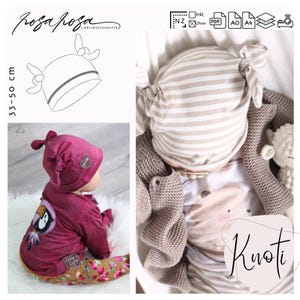 Könnte beinhalten: Ein Babyhut mit geknotetem Oberteil, gezeigt in einer Skizze und auf einem Foto. Die Skizze zeigt den Hut mit einer Schleife auf jeder Seite. Das Foto zeigt einen weinroten Hut und einen beige gestreiften Hut. Der Text "Knoti" ist ebenfalls sichtbar.