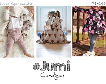 May include: Three children wearing different styles of hooded cardigans. The cardigan on the left is beige, the middle cardigan is brown with a deer print, and the cardigan on the right is black with a pink floral print. The text "#Jumi Cardigan" is at the bottom of the image.