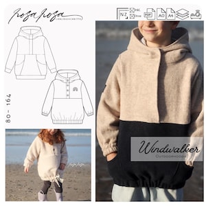 Könnte beinhalten: Ein zweifarbiger Kapuzenpullover mit beigem Oberteil und schwarzem Unterteil sowie einer Fronttasche. Das Design umfasst eine Knopfleiste, lange Ärmel mit elastischen Bündchen und einen Saum mit Kordelzug. Technische Zeichnungen zeigen den Schnitt.