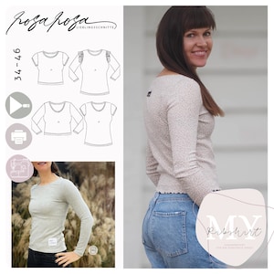 Könnte beinhalten: Ein Schnittmuster für ein langärmliges Shirt mit Rippenstruktur. Das Schnittmuster heißt "Ribshirt" und ist für Strickstoff konzipiert. Das Schnittmuster enthält Anleitungen zum Nähen des Shirts mit verschiedenen Ärmellängen und Ausschnitten. Das Schnittmuster ist in den Größen 34-46 erhältlich.