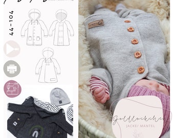 Könnte beinhalten: Eine graue Kapuzenjacke mit Knöpfen und einer Tasche. Die Jacke liegt flach auf einer weißen Oberfläche. Der Text "Goldlocke" ist in Kursivschrift auf einem rosa Hintergrund geschrieben. Der Text "Jacke/Mantel" steht unter dem kursiv geschriebenen Text.
