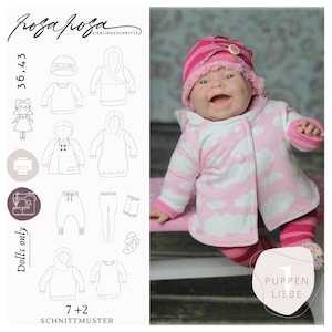 May include: A sewing pattern for a doll's outfit, featuring a pink hooded jacket with white clouds, pink and white striped leggings, and a pink hat with a white bow. The pattern is labelled "7+2 Schnittmuster" and "Puppen Liebe".