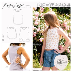 Könnte beinhalten: Ein Schnittmuster für ein ärmelloses Oberteil für Kinder, genannt "Ribtop Kids". Das Schnittmuster enthält Anleitungen zum Nähen eines Volants am unteren Rand des Oberteils. Das Schnittmuster ist auf weißem Hintergrund abgebildet, mit einem Model, das das Oberteil in einem Blumenmuster trägt.