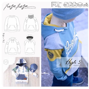 Schnittmuster Hoodie #High5 74 - 164  inkl. A4/A0/ Beamerdatei nähen, sewing pattern kids and baby hoodie, Pullover, Raglanhoodie mit Kapuze