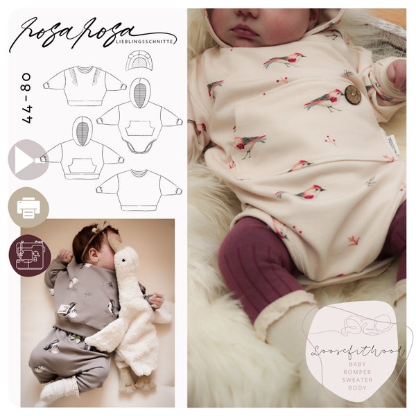 Sewing pattern hoodie #LooseFitHood Baby 44 - 86 A4/ A1/ projector file by rosarosa sew, sewing pattern baby sweater, sweater for babies