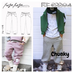 Könnte beinhalten: Das Bild zeigt Kinder-Sweathosen. Ein Foto zeigt ein Kind in grauer Sweathose mit dem Wort "Chunky". Ein anderes zeigt ein Kind in rosa Sweathose. Das Bild enthält auch eine Strichzeichnung von Sweathosen.