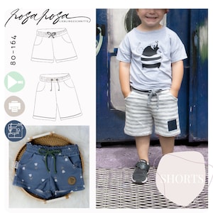 Könnte beinhalten: Ein Schnittmuster für Shorts mit einer Grafik eines Kindes, das gestreifte Shorts trägt. Das Schnittmuster ist mit "rosa rosa" und "80-164" beschriftet.
