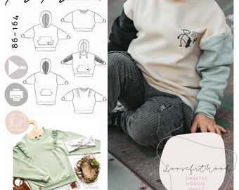 Schnittmuster Hoodie #LooseFitHood Kids 86 - 164  A4/A0/Beamerdatei nähen, sewing pattern sweater, jumper, Pullover Schnitt, Sweatshirtkleid