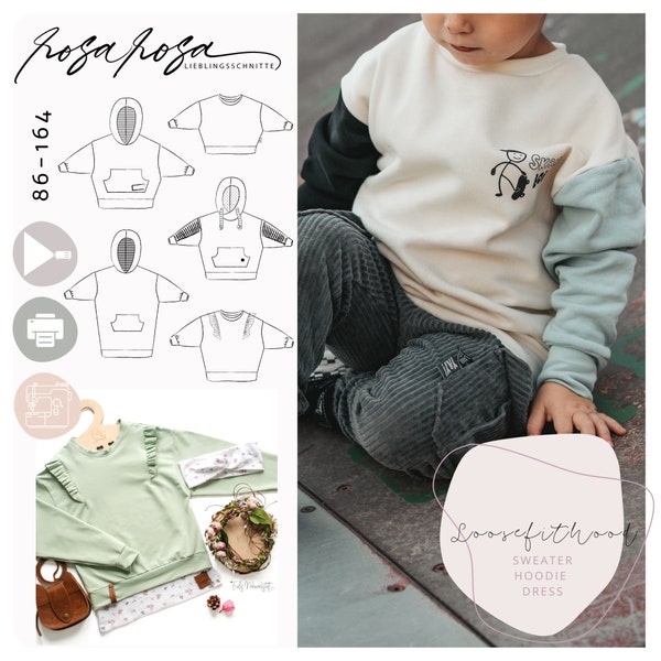 Schnittmuster Hoodie #LooseFitHood Kids 86 - 164  A4/A0/Beamerdatei nähen, sewing pattern sweater, jumper, Pullover Schnitt, Sweatshirtkleid