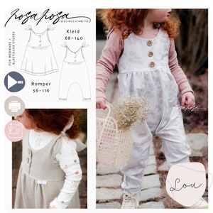 May include: A sewing pattern for a dress and romper with a heart print. The pattern is called "rosa rosa" and is for sizes 68-140 cm and 56-116 cm. The pattern is shown on a young girl wearing a white romper with a heart print.