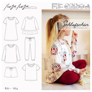 Könnte beinhalten: Ein Schnittmusterbogen mit verschiedenen Kinderbekleidungsdesigns, darunter ein Kleid, ein langärmliges Hemd, Shorts und eine Hose. Ein junges Mädchen trägt ein weißes Hemd mit Popcorn-Grafiken und eine rote Hose. Der Text "Schlafschön" ist sichtbar.