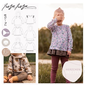 Könnte beinhalten: Ein Schnittmuster für einen Kinderpullover mit Kapuze. Das Schnittmuster beinhaltet Anleitungen für die Herstellung verschiedener Stile, darunter ein einfacher Pullover, ein Pullover mit Rüschen und ein Pullover mit Tasche. Das Schnittmuster ist in den Größen 74-158 cm erhältlich.