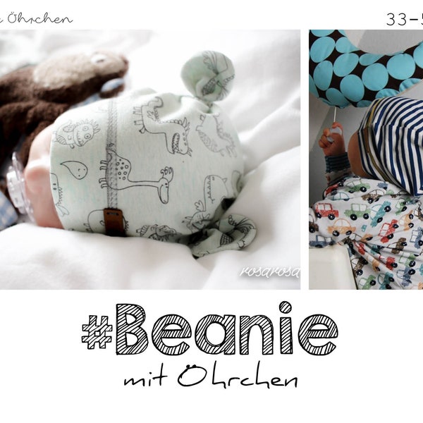 Schnittmuster Mütze Beanie mit Öhrchen 33 - 56 cm nähen, Babymütze, Neugeborenenmütze, Haube nähen, sewing pattern baby hat