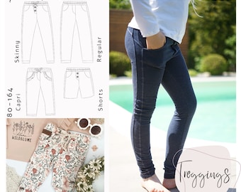 Puede incluir: Un patrón de costura para un pantalón con diferentes estilos, incluyendo skinny, regular, capri y shorts. El patrón se llama "Rosa Rosa" e incluye las tallas 80-164. La imagen también muestra un legging de mezclilla azul.