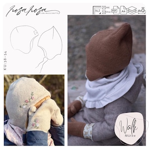 Könnte beinhalten: Eine braune und weiße Mütze mit Rüschenbesatz und einem passenden Paar Fäustlinge. Die Mütze hat einen kleinen Bommel oben und die Fäustlinge haben gestickte Blumen. Die Mütze ist mit "Walk Mütze" beschriftet, was auf Deutsch "Wandermütze" bedeutet.