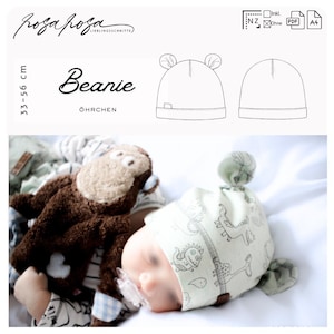 Schnittmuster Mütze Beanie mit Öhrchen 33 - 56 cm nähen, Babymütze, Neugeborenenmütze, Haube nähen, sewing pattern baby hat
