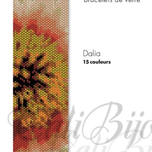 May include: A beaded bracelet pattern featuring a close-up of a red, yellow, and orange flower with a black center. The pattern is called "Dalia" and uses 15 colors. The text "Cali Bijoux bracelets de verre" is also visible.