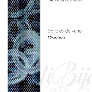 May include: A beaded bracelet pattern featuring a swirling design in shades of blue and green. The pattern is called "Spiral de verre" and uses 15 colors.