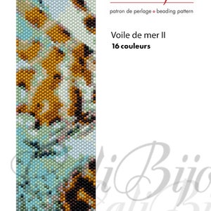 Peut inclure: Un modèle de perlage pour un motif perlé coloré représentant un coquillage aux couleurs bleu, vert et orange. Le motif est intitulé "Voile de mer II" et est destiné à 16 couleurs. Le modèle est de Cali Bijoux.