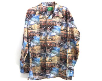 Camisa vintage de Joe Namath con botones de flecha y arcoíris natural, años 70