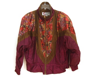 Vintage 90s jacket womens floral maroon purple