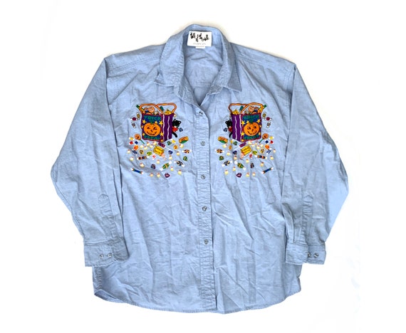 Vintage Halloween button down shirt chambray tric… - image 1