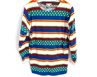 Vintage 90s shirt striped long sleeved tshirt green blue red yellow primary colors stars stripes