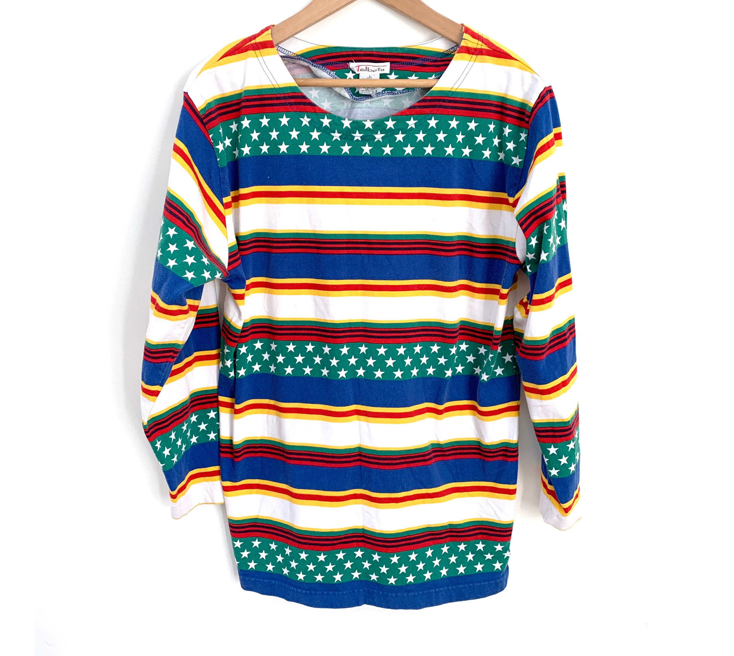【GLOWNY】24HS★ 90S RAGLAN STRIPED TEE (S,M) Vintage 90s Shirt Striped Long Sleeved Tshirt Green Blue Red