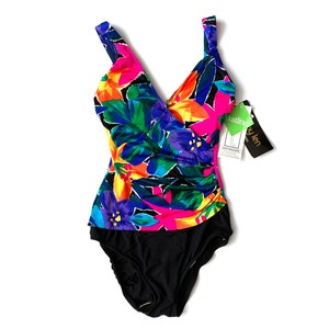 Vintage 90s swimsuit floral bathing suit color block swim 80s new nwt swim