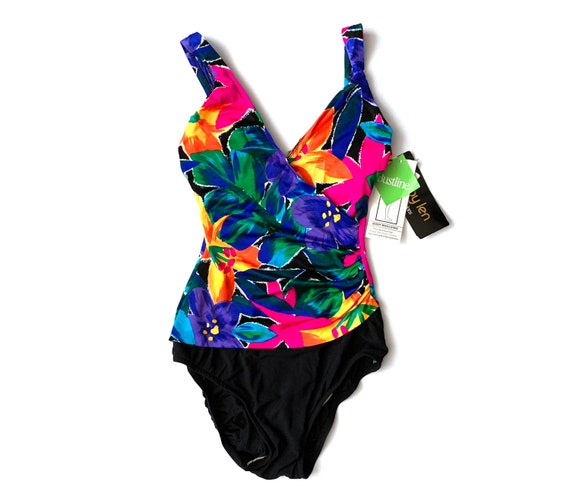 Vintage 90s swimsuit floral bathing suit color block swim 80s new nwt swim